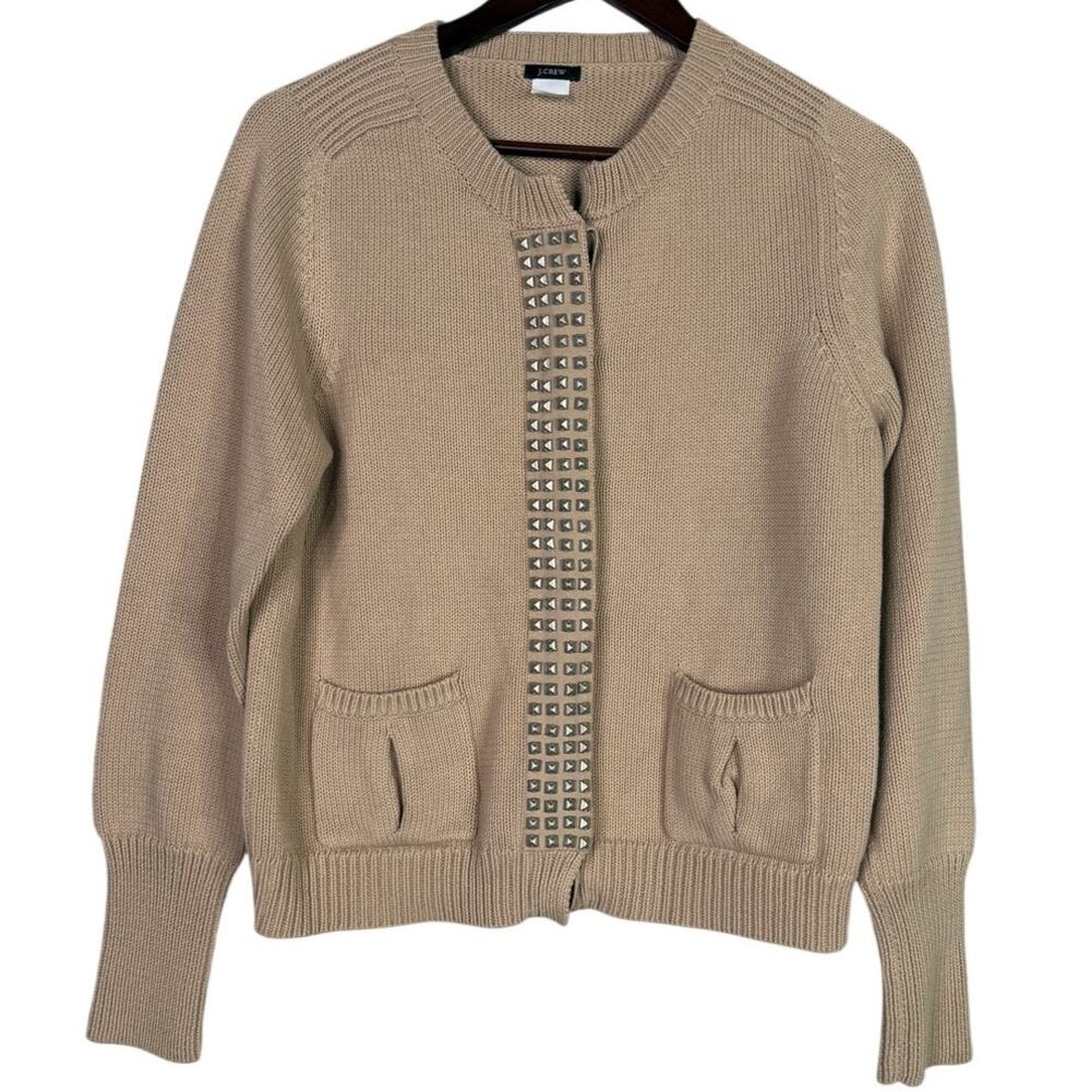 J.Crew Studded Detailing Long Sleeve Cardigan Casual Sweater Pockets L Tan Beige - Picture 2 of 15